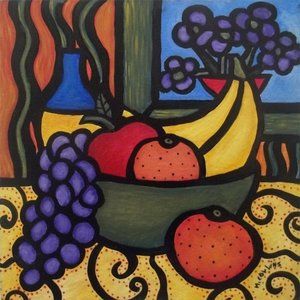 Colorful Still Life Painting Fruit Wine Flowers